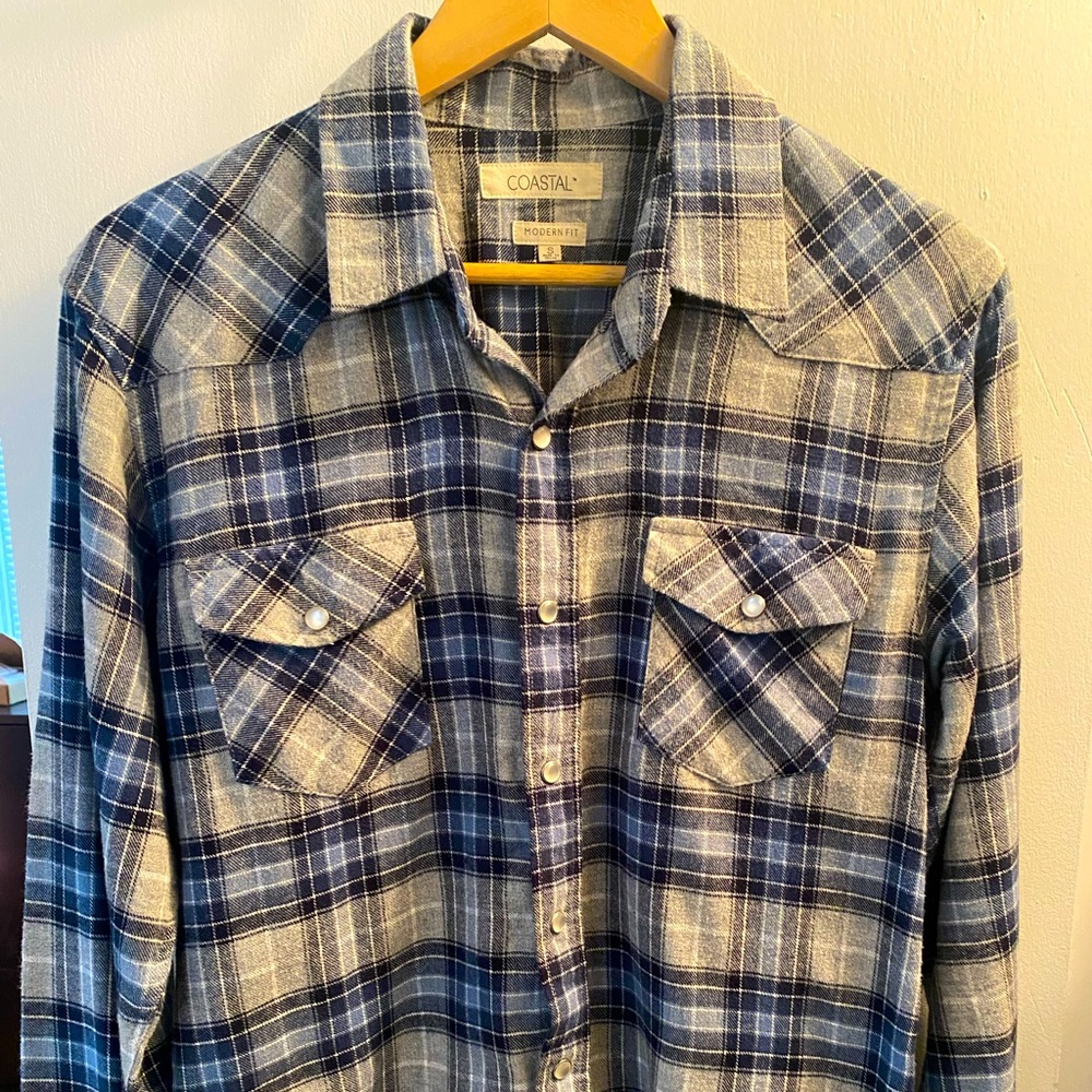 Grey & Blue Plaid Western Button Down Shirt